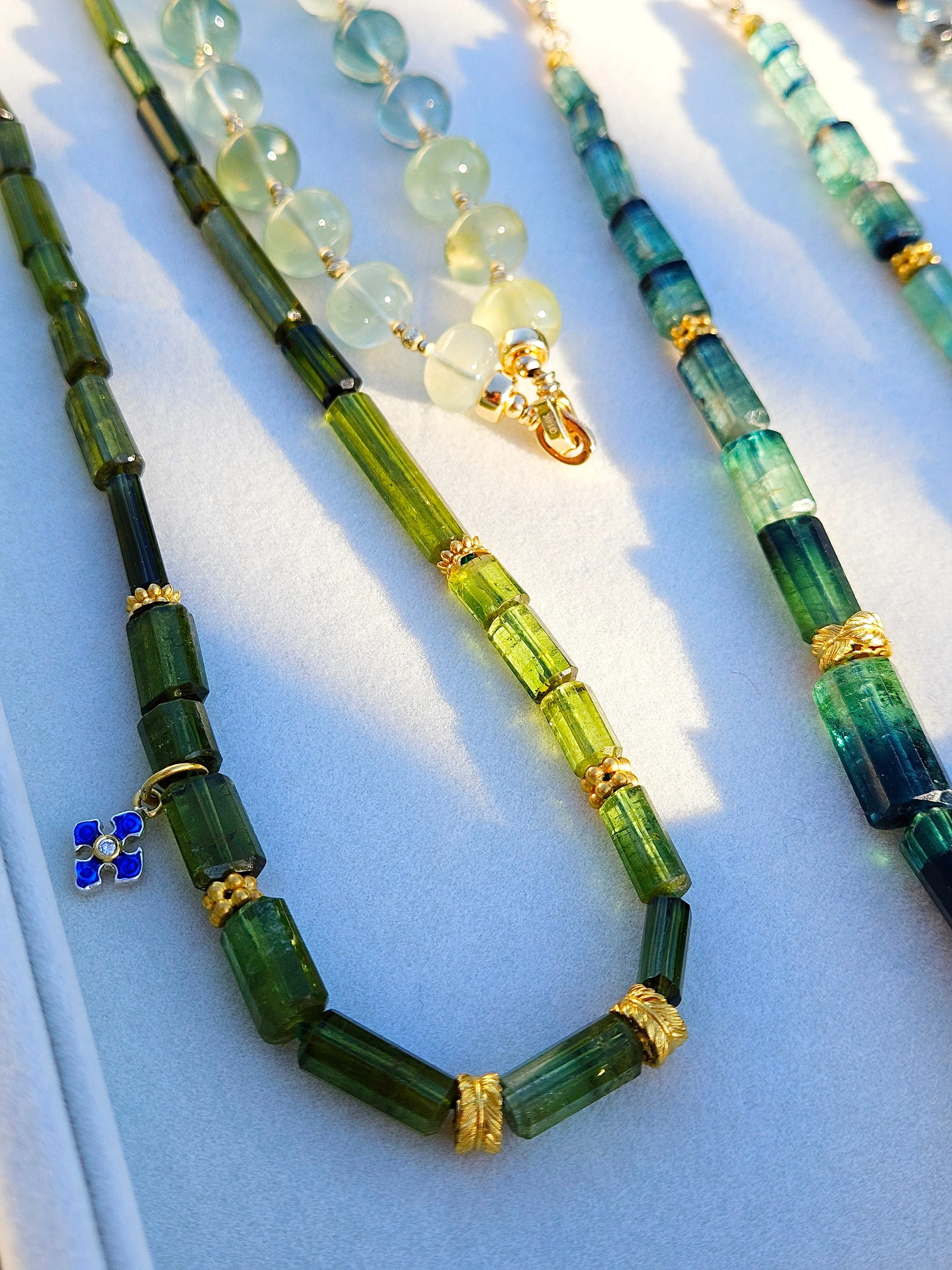 18k Solid Gold- Green Tourmaline Cylinder Gemstone Bead, Blue Enamel Diamond Etruscan Cross Charm Necklace