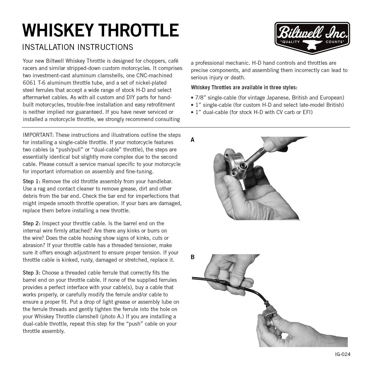 Biltwell Cast Whiskey Throttle 1" - Single Cable