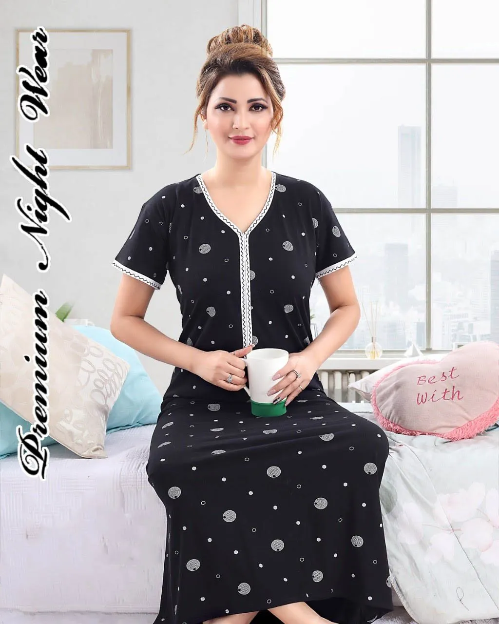 Cotton Black Long Nighty Nightgown for Women