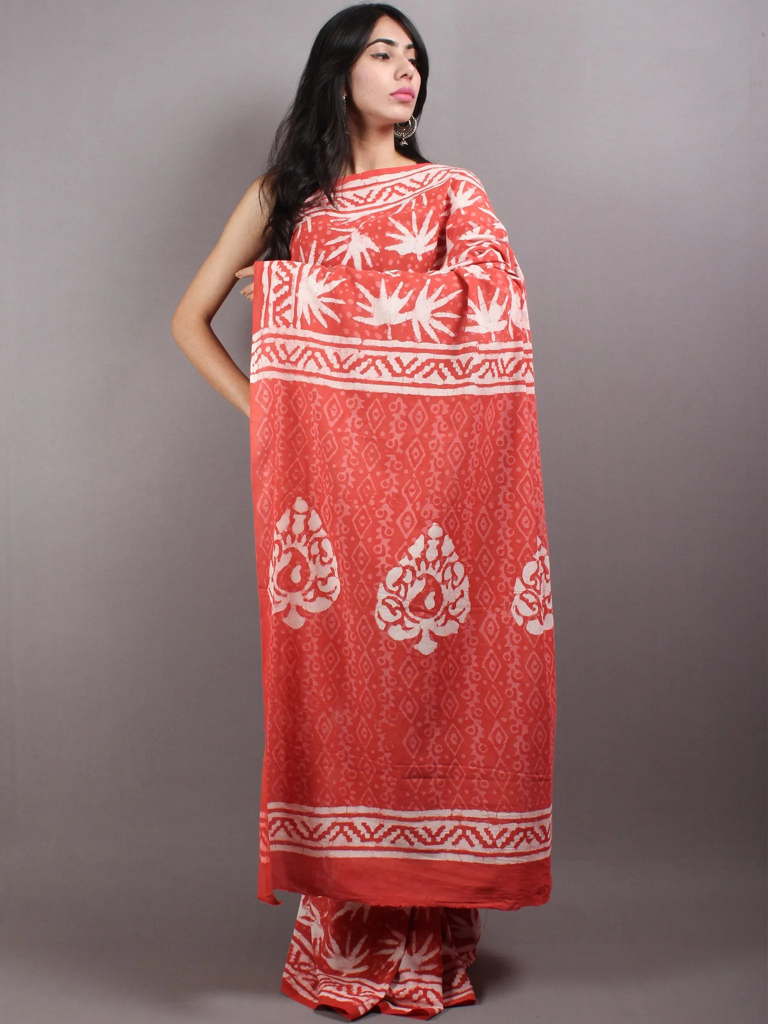 Dark Peach White Hand Block Printed in Natural Colors Cotton Mul Saree - S03170630