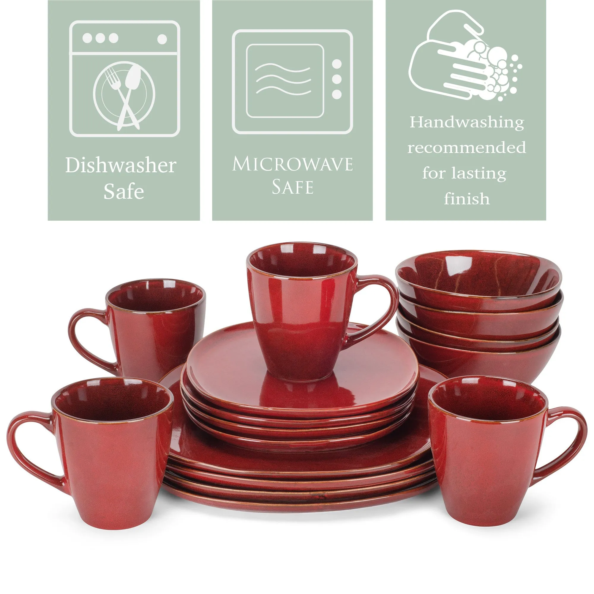 Elanze Designs Modern Chic Smooth Ceramic Stoneware Dinnerware 16 Piece Set - Service for 4, Deep Crimson Red