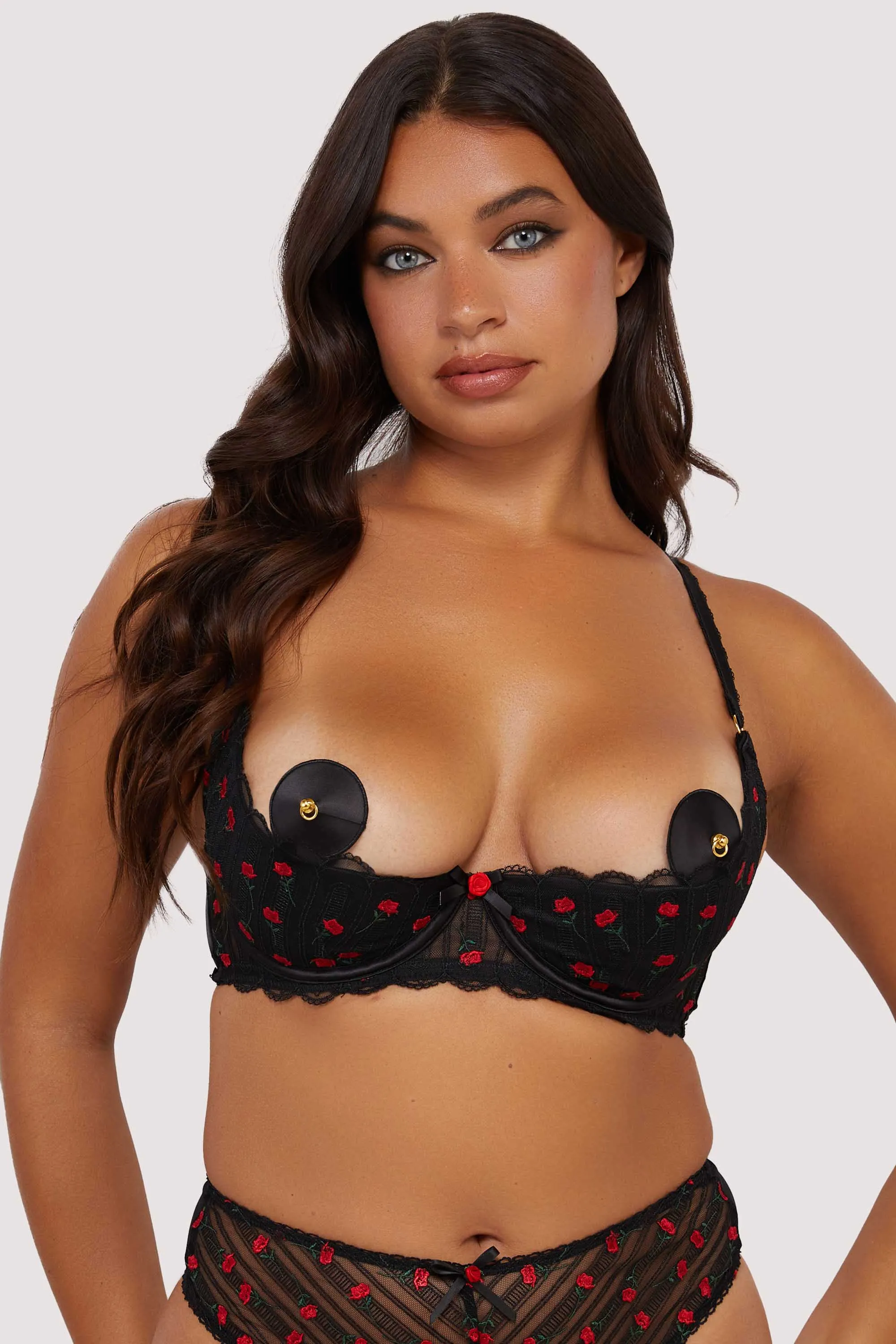 Elodie Black and Red Rosebud Embroidery Quarter Cup Bra