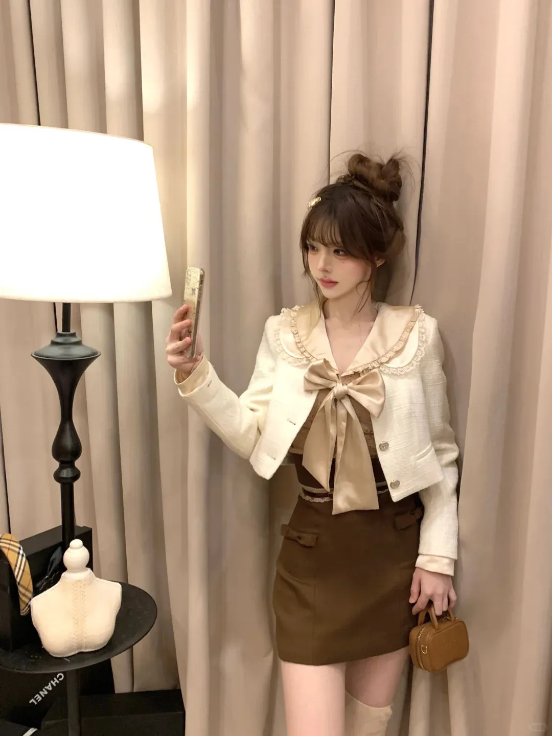 Lazy Girl Tokyo Lovers Blouse Top & Brown Skirt Two Piece Set