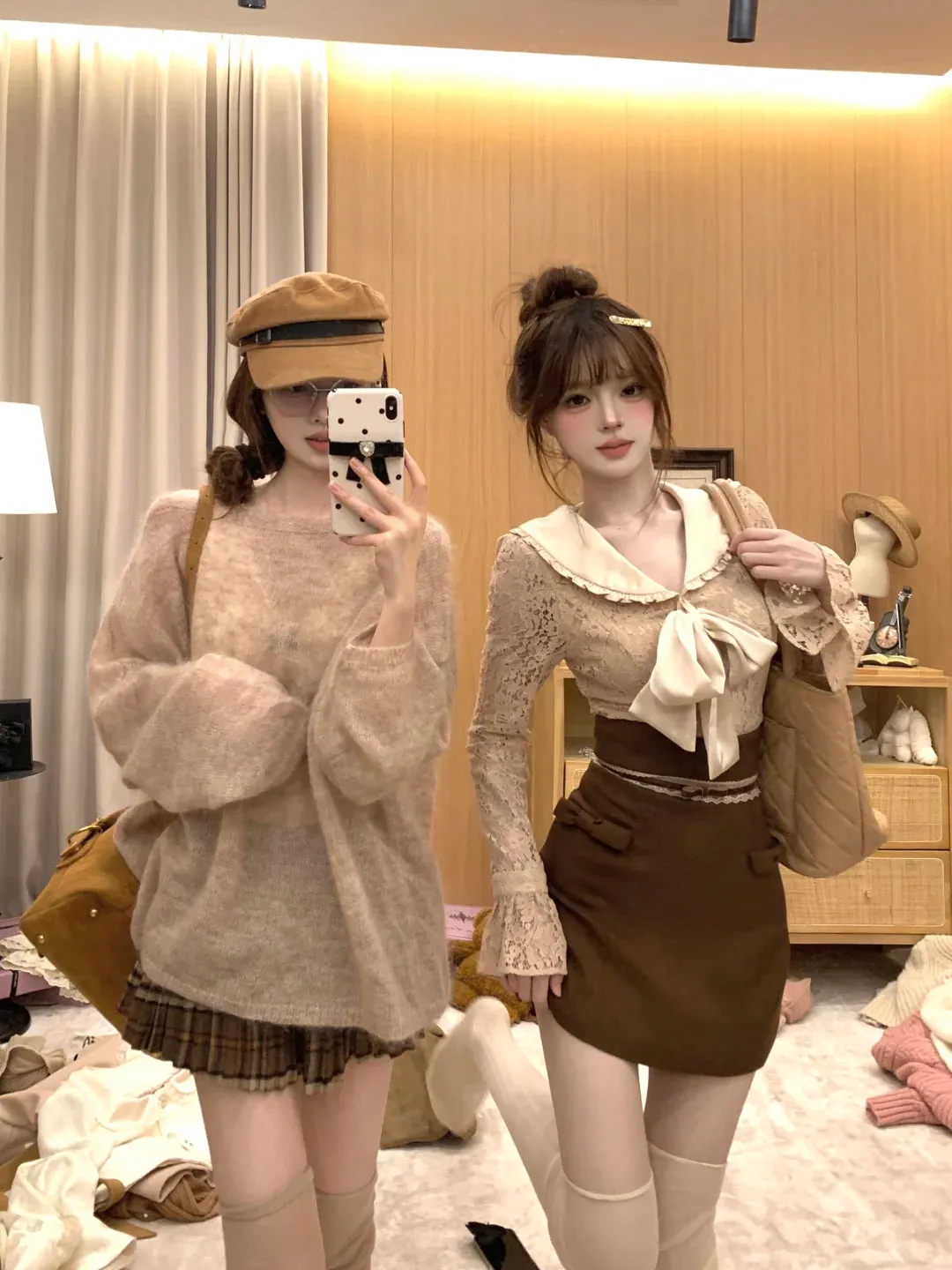 Lazy Girl Tokyo Lovers Blouse Top & Brown Skirt Two Piece Set