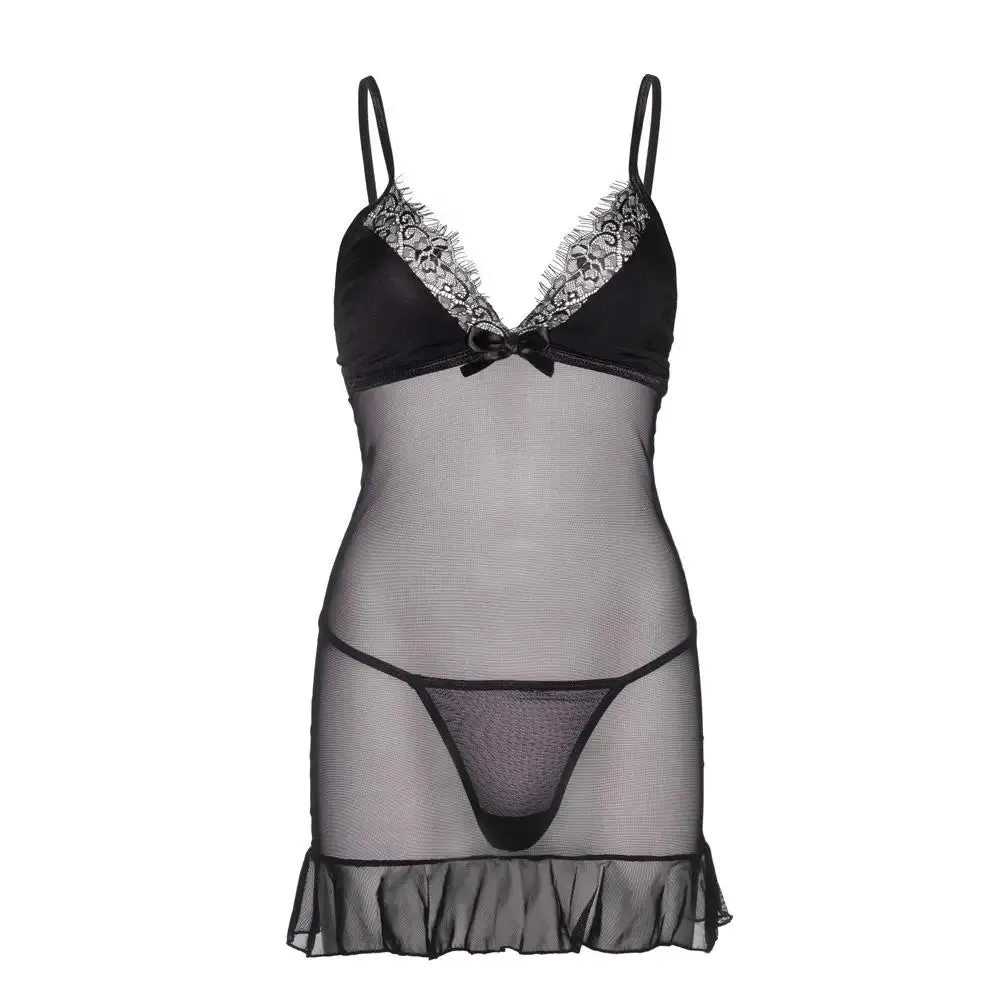 Leg Avenue Sheer Black Eyelash Lace Babydoll with G-string