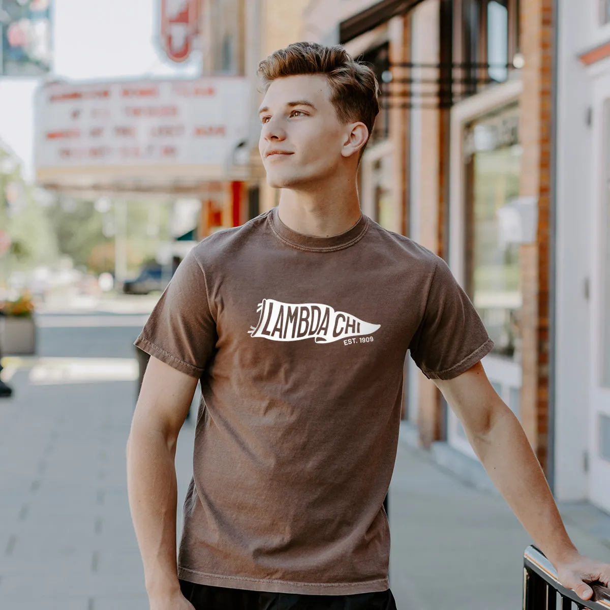 New! Lambda Chi Comfort Colors Brown Pennant Short Sleeve Tee