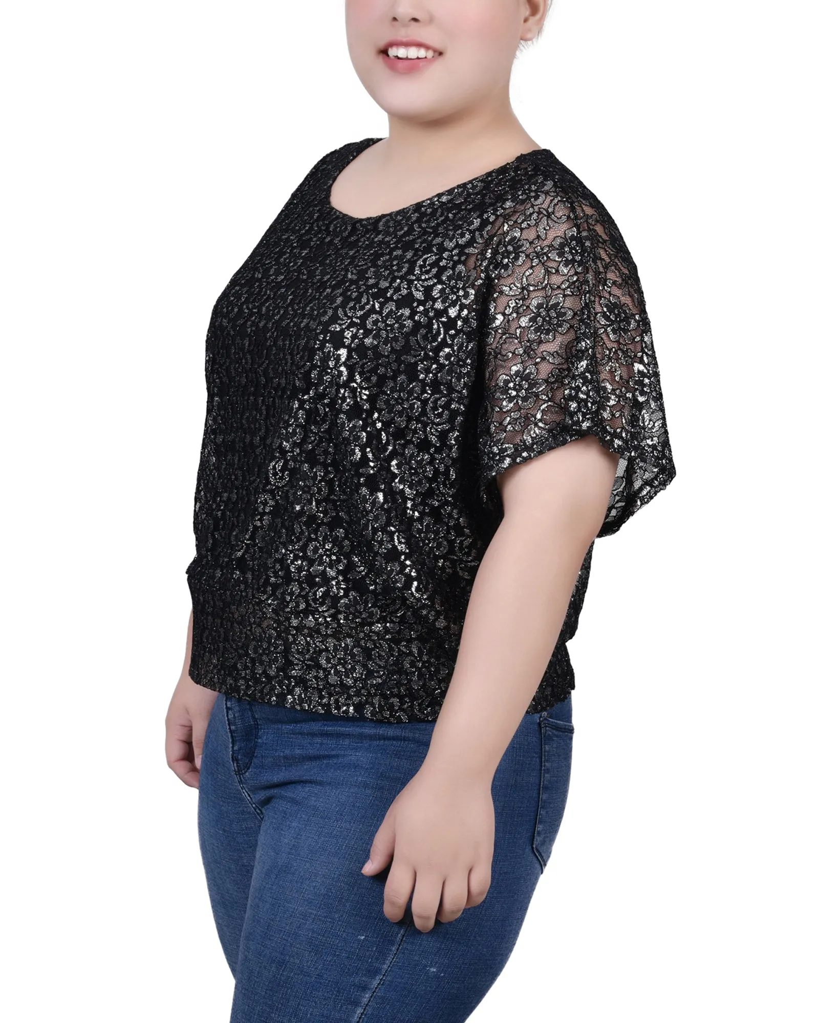 Plus Size Foil Lace Poncho With Smocked Waist