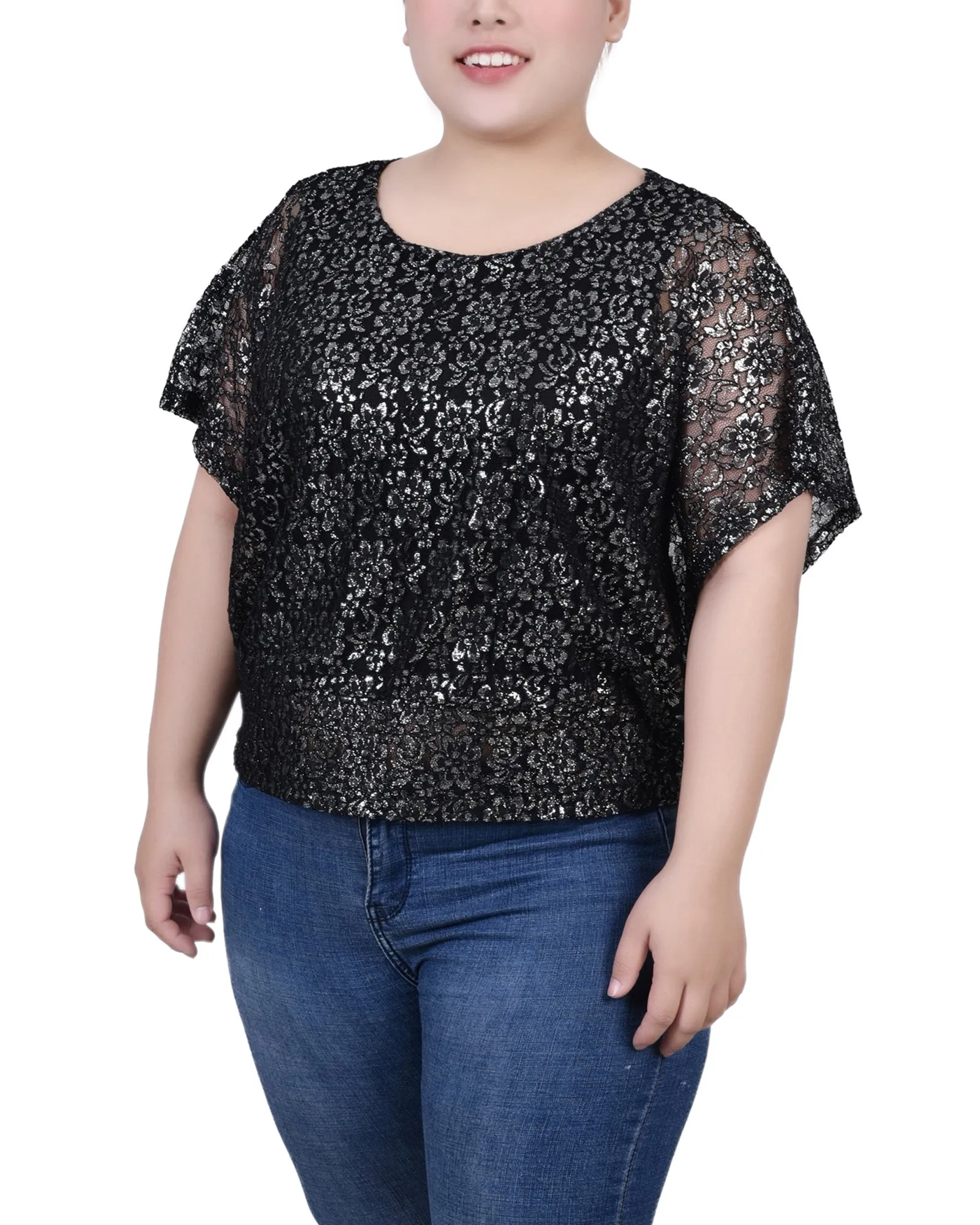 Plus Size Foil Lace Poncho With Smocked Waist