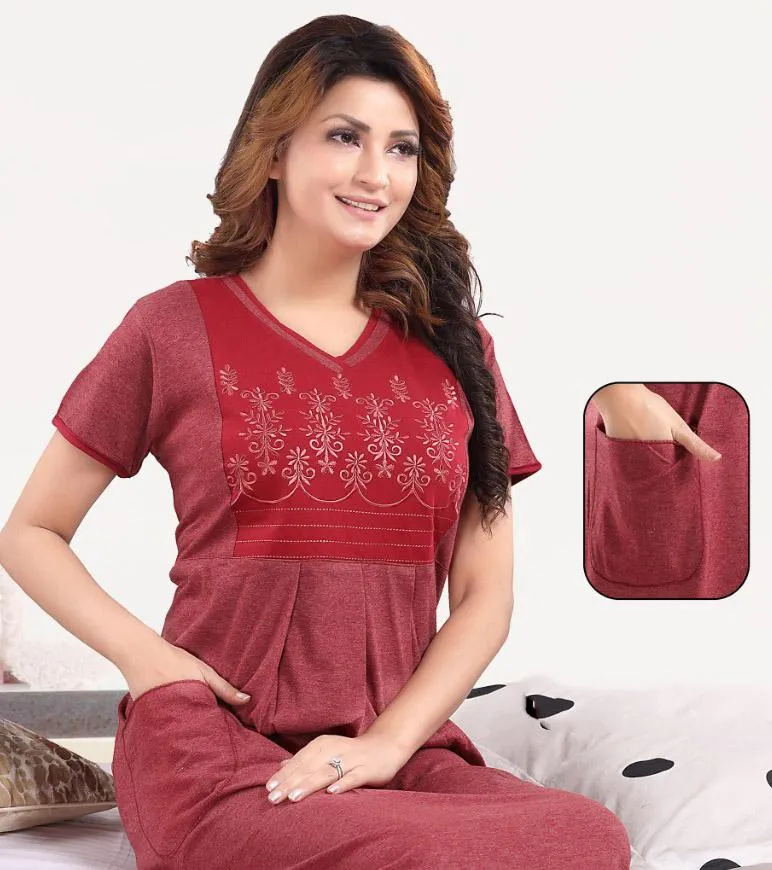 Pure cotton Maroon hosiery nighty Gown for Women