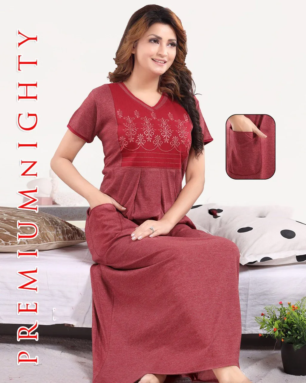 Pure cotton Maroon hosiery nighty Gown for Women