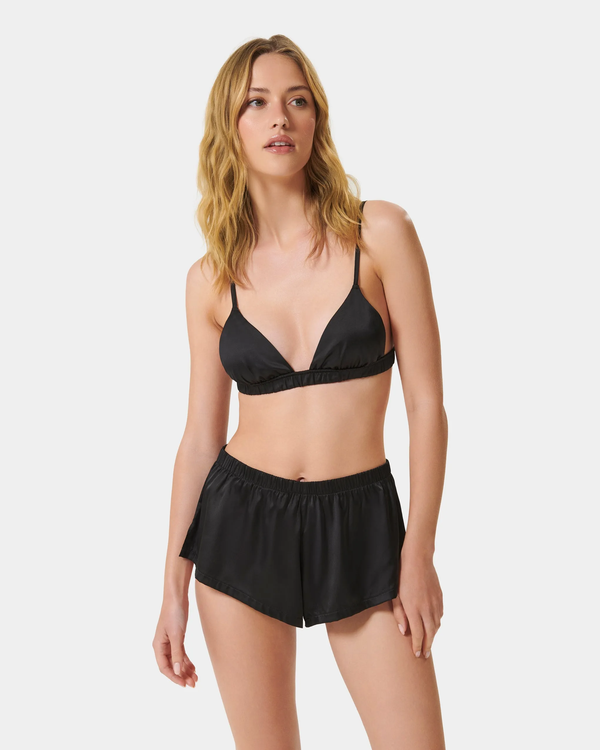 Saskia Luxury Satin Soft Bra and Short Set Black