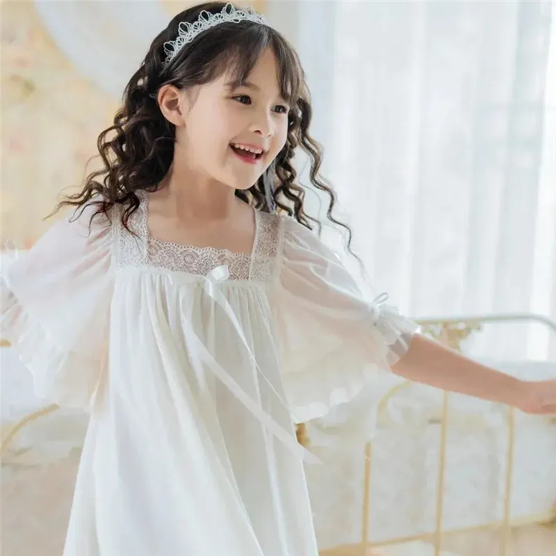 Solid Color Summer Thin Baby Girl Nightdress Short-sleeved Children's Nightdress Princess Style Girl's Lace Mesh Pajamas