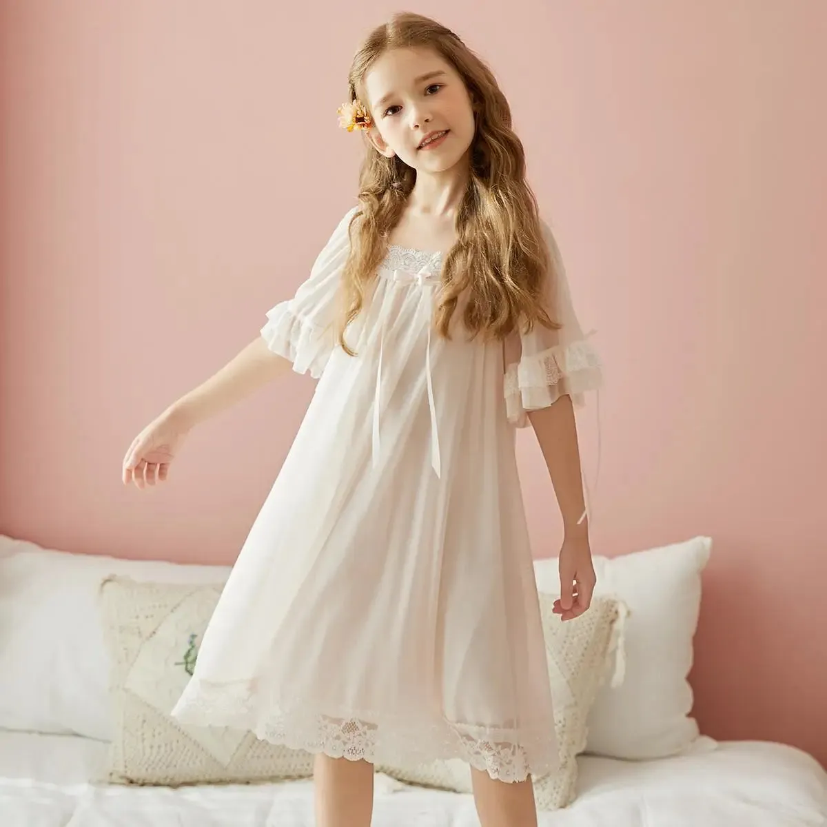 Solid Color Summer Thin Baby Girl Nightdress Short-sleeved Children's Nightdress Princess Style Girl's Lace Mesh Pajamas