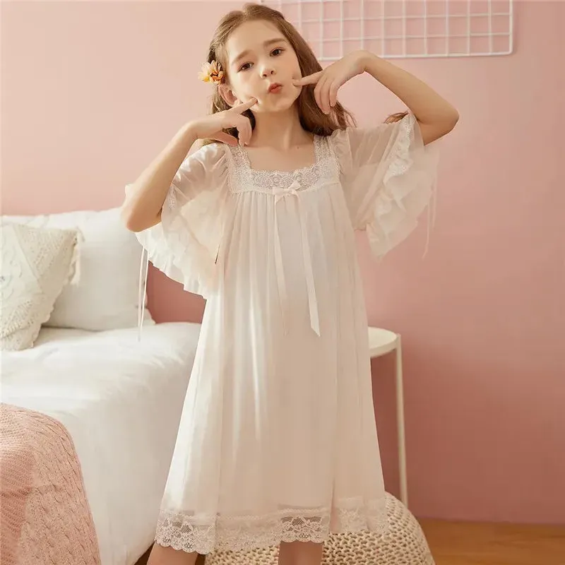 Solid Color Summer Thin Baby Girl Nightdress Short-sleeved Children's Nightdress Princess Style Girl's Lace Mesh Pajamas