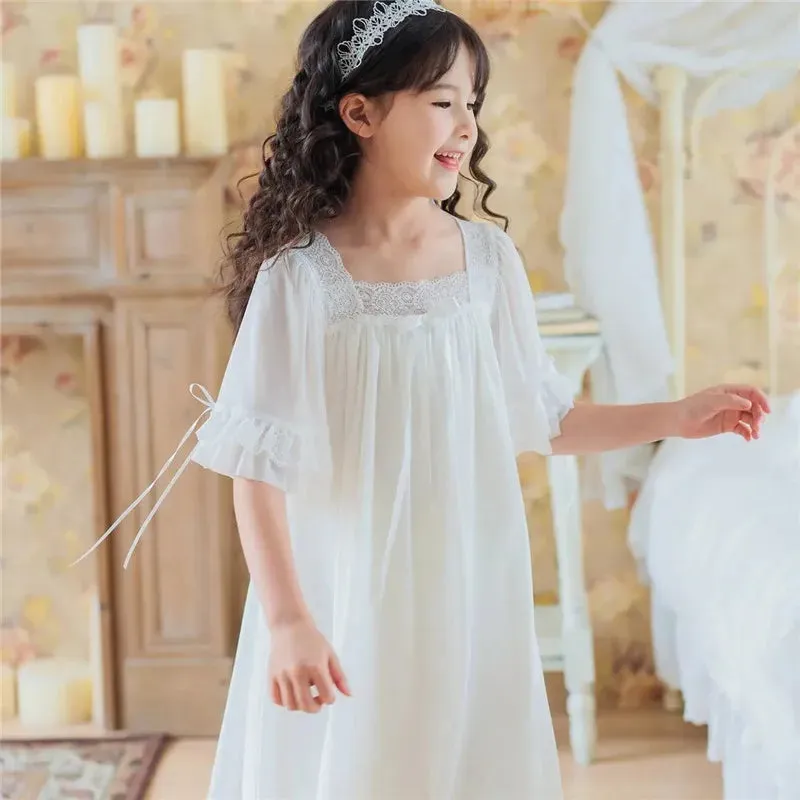 Solid Color Summer Thin Baby Girl Nightdress Short-sleeved Children's Nightdress Princess Style Girl's Lace Mesh Pajamas