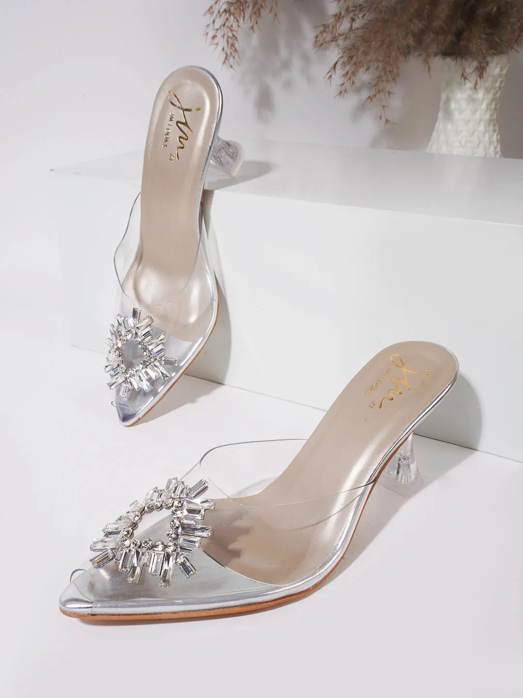 Square Rhinestone Flare Transparent Heels