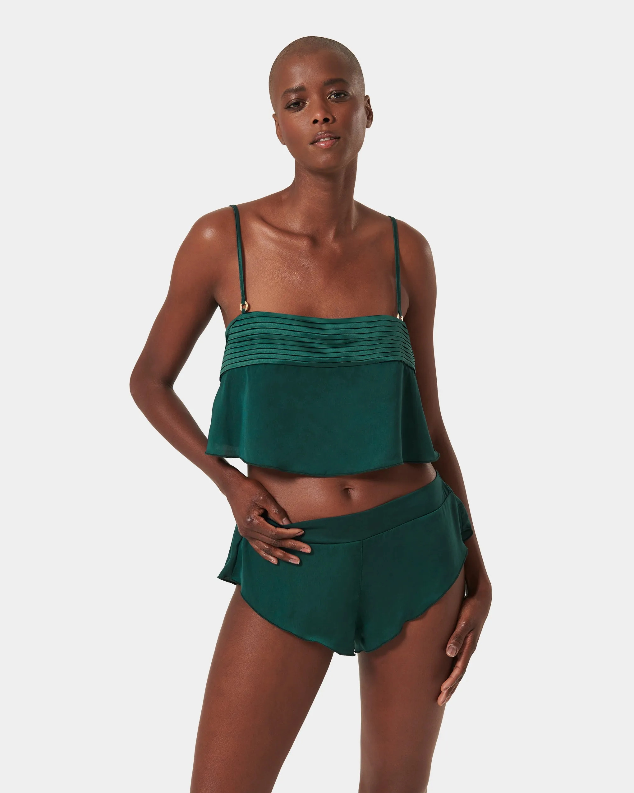 Stephanie Luxury Satin Crop Cami and Short Set Botanical Garden Green