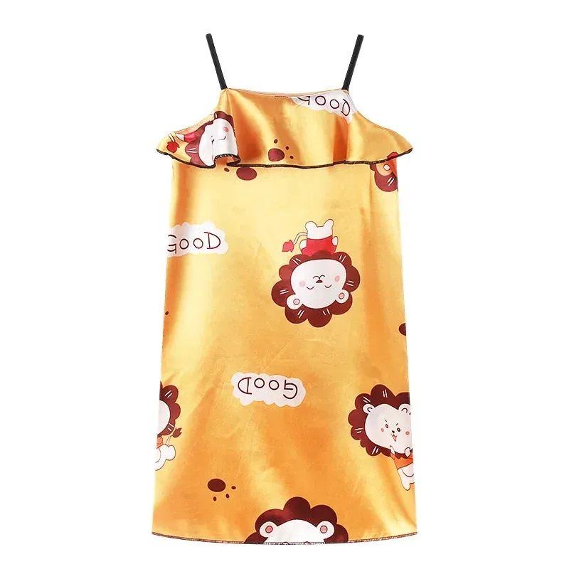 Summer Girls Night Dress 2024 Ice Silk Children's Pajamas Princess Sleepwear for Kids Baby Nightgowns Home Clothes 2-12years