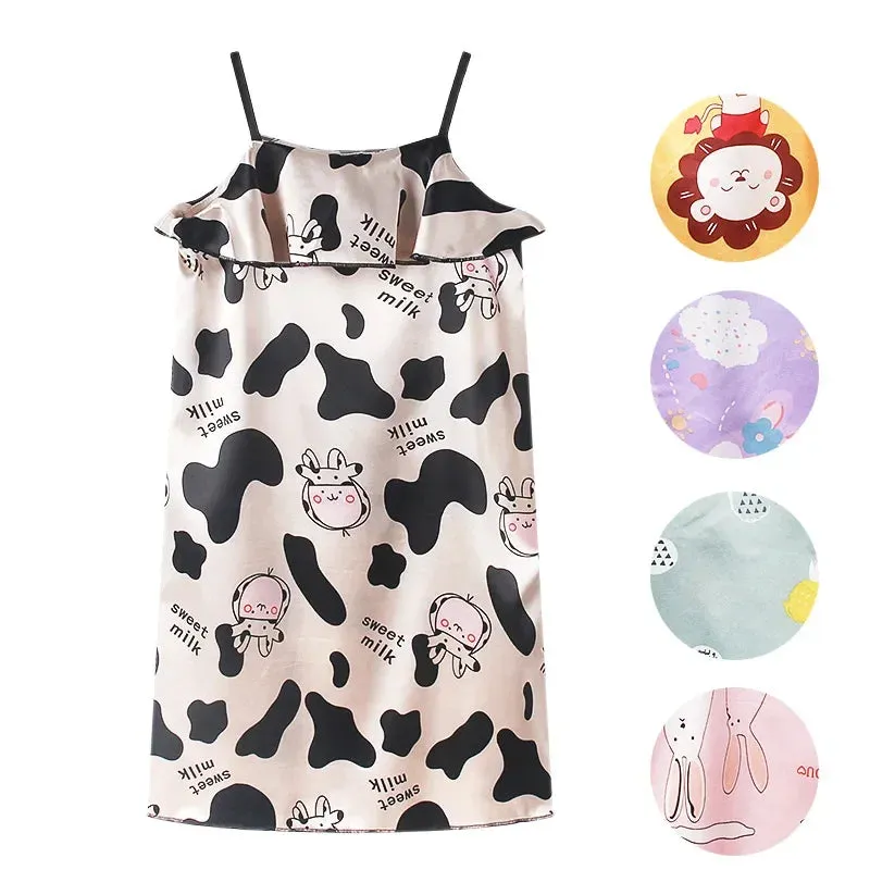 Summer Girls Night Dress 2024 Ice Silk Children's Pajamas Princess Sleepwear for Kids Baby Nightgowns Home Clothes 2-12years