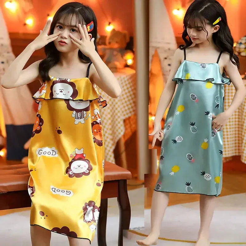 Summer Girls Night Dress 2024 Ice Silk Children's Pajamas Princess Sleepwear for Kids Baby Nightgowns Home Clothes 2-12years