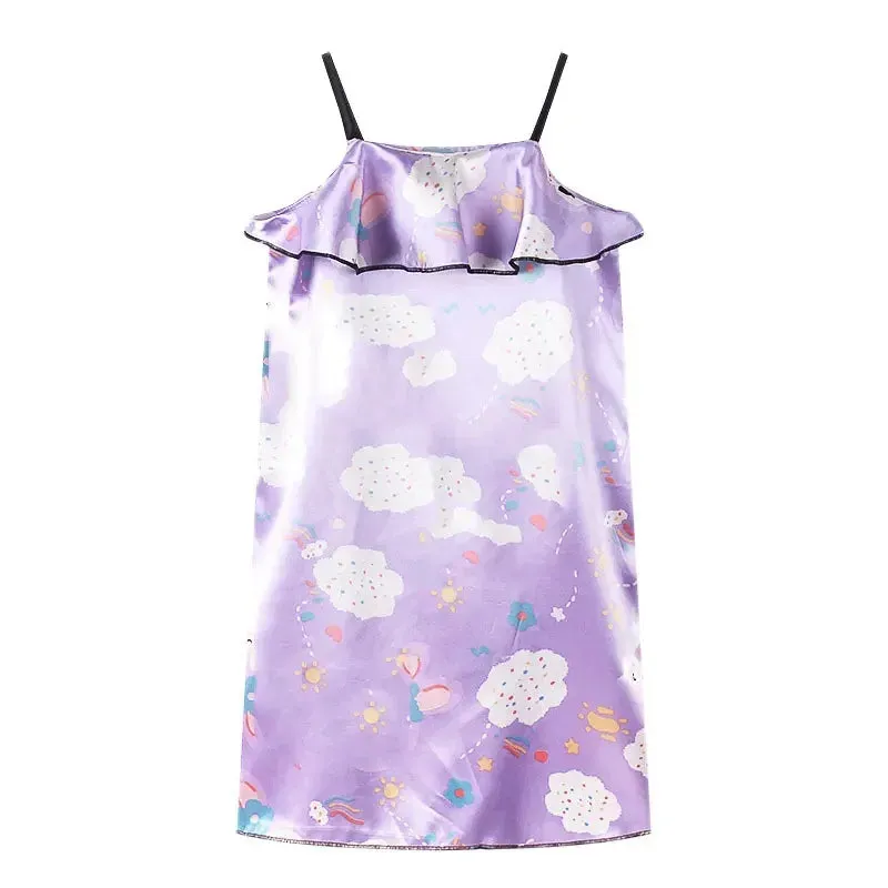 Summer Girls Night Dress 2024 Ice Silk Children's Pajamas Princess Sleepwear for Kids Baby Nightgowns Home Clothes 2-12years