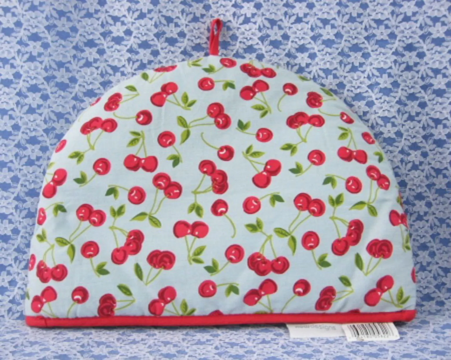 Tea Cozy Padded Cherries On Light Blue Red Trim 1980s Tea Cosy