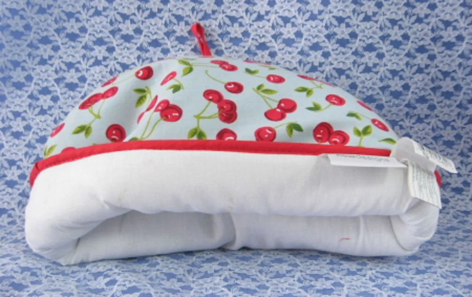 Tea Cozy Padded Cherries On Light Blue Red Trim 1980s Tea Cosy