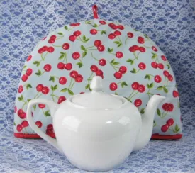 Tea Cozy Padded Cherries On Light Blue Red Trim 1980s Tea Cosy