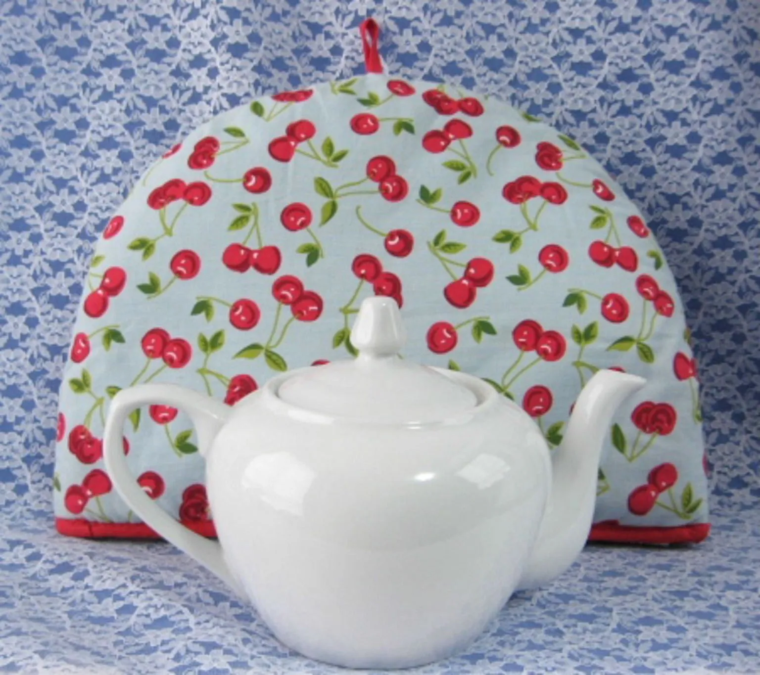 Tea Cozy Padded Cherries On Light Blue Red Trim 1980s Tea Cosy