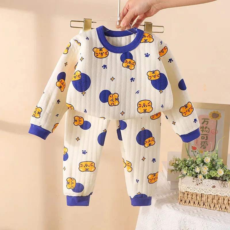 Toddler Girls Baby Fall Winter Padded Thermal Underwear Suit Boy Children Sleepwear Kids Cartoon Long-Sleeved Pure Cotton Pajama