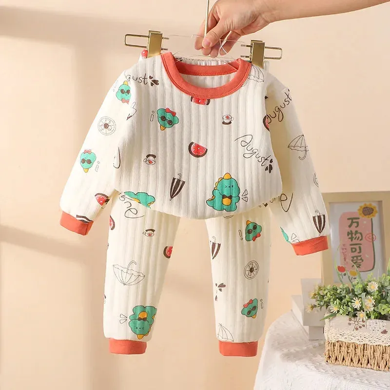 Toddler Girls Baby Fall Winter Padded Thermal Underwear Suit Boy Children Sleepwear Kids Cartoon Long-Sleeved Pure Cotton Pajama